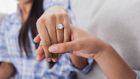 Newly engaged, ring in focus, woman showing hand